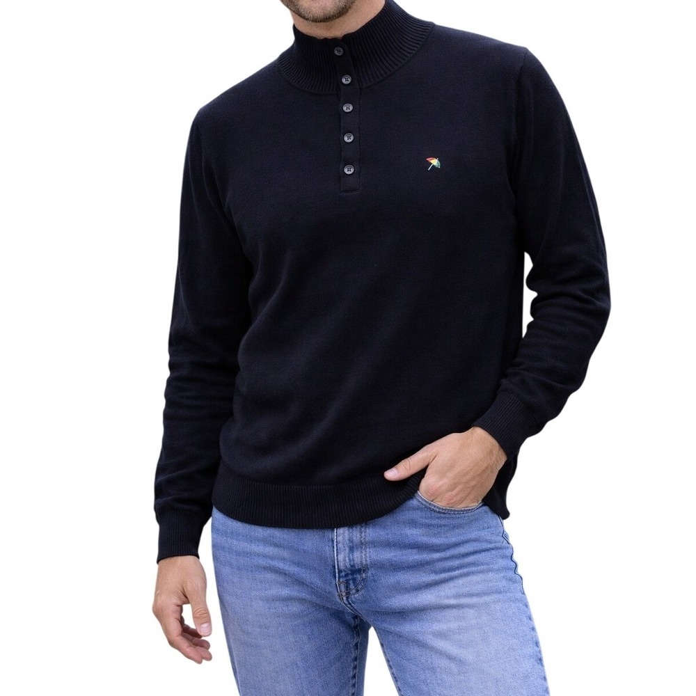 Arnold Palmer Mock Neck Sweater Mens Medium Black Button Placket Plaid Trim Logo